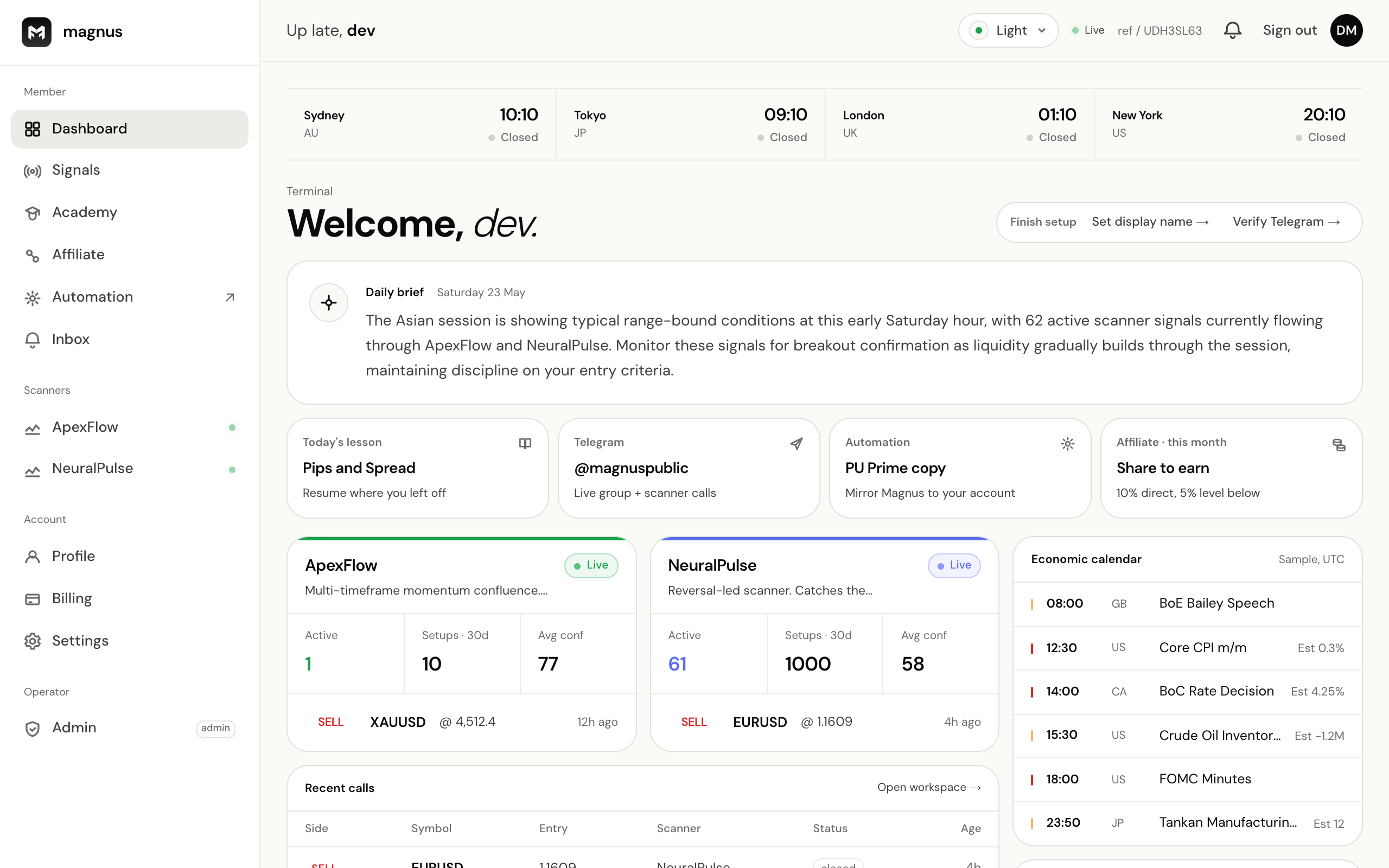 The Magnus dashboard: world market clocks, the daily brief, the economic calendar and a live market pulse.